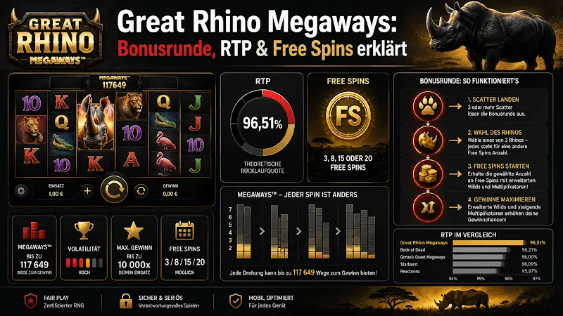Great Rhino Megaways: Bonusrunde, RTP & Free Spins erklärt